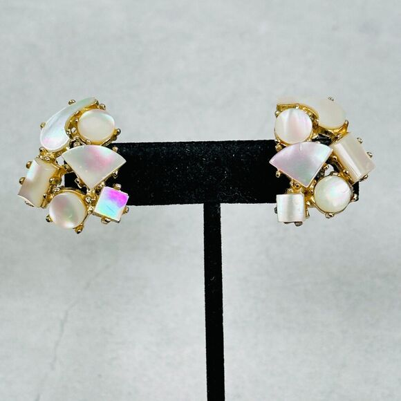 VTG Brooch Earrings Mother of Pearl Mosaic Geometric Gold Tone Unique Estate - Picture 11 of 14